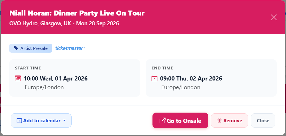 Onsale detail modal with calendar export