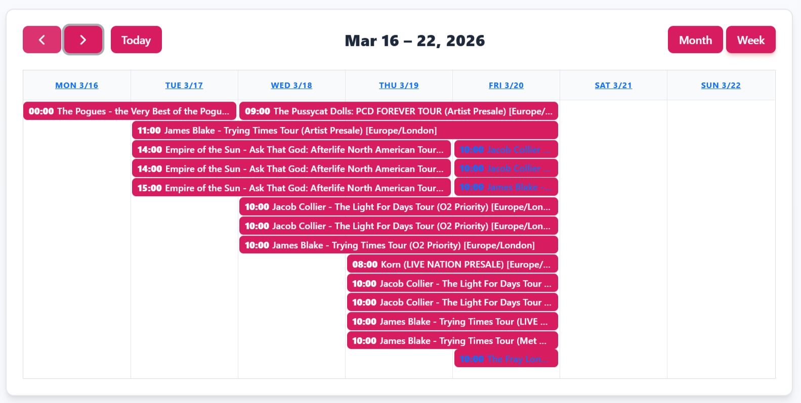 Onsales Tracker weekly calendar view