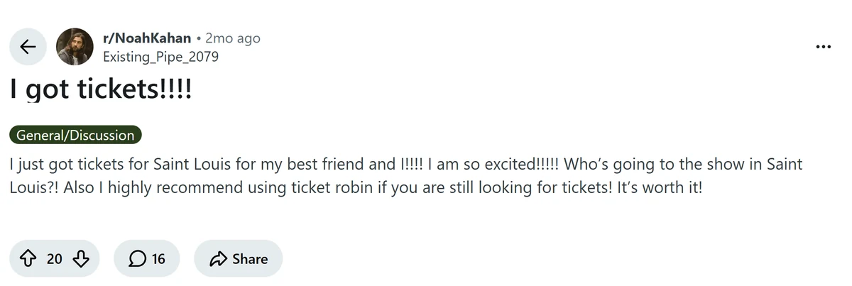 Reddit post in r/NoahKahan from u/Existing_Pipe_2079 titled "I got tickets!"
