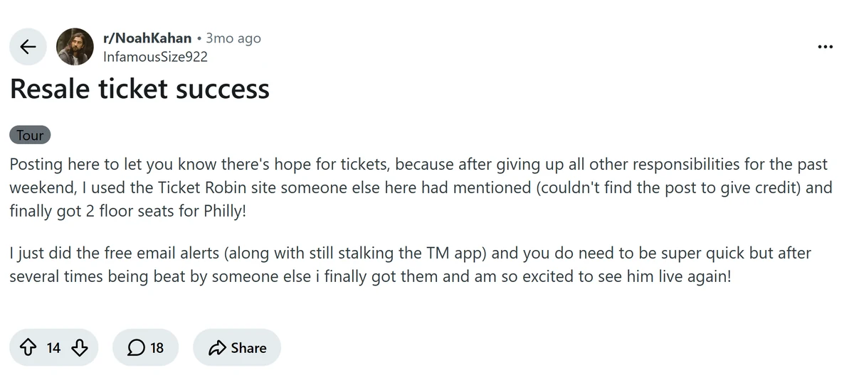 Reddit post in r/NoahKahan from u/InfamousSize922 titled "Resale ticket success"