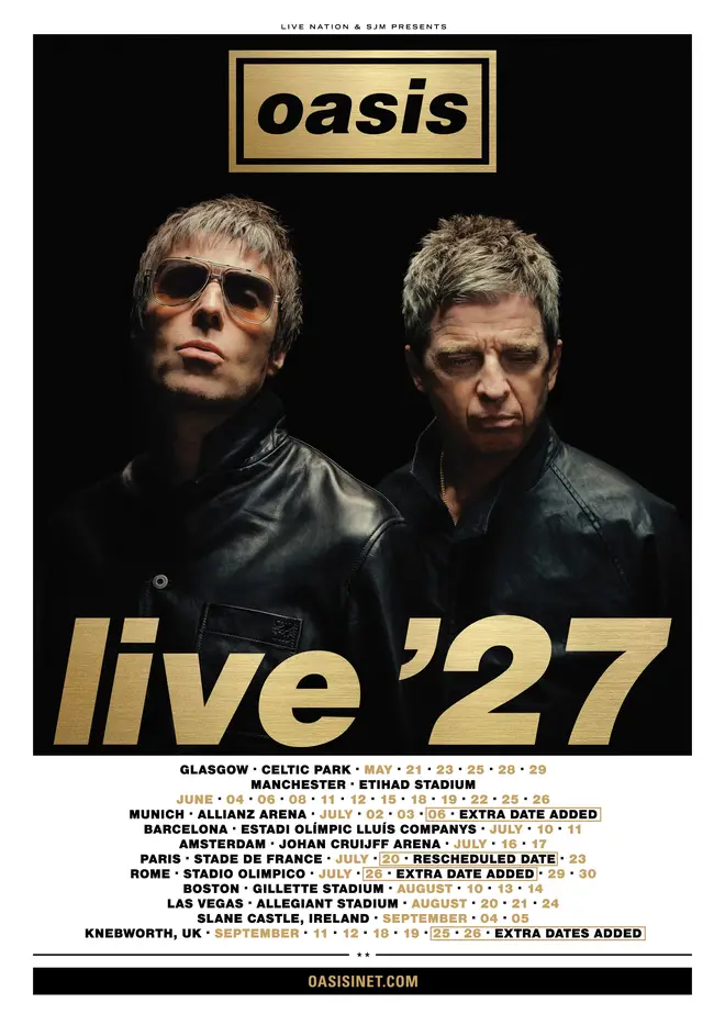 Oasis Live '27 tour poster featuring Liam and Noel Gallagher, with the updated 2027 dates listed below